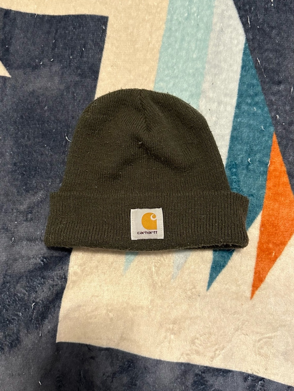 Carhartt Dark Olive Knit Cuffed Beanie with Logo Patch